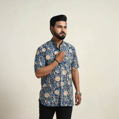 Blue - Cotton Men Kalamkari Print Shirt 05