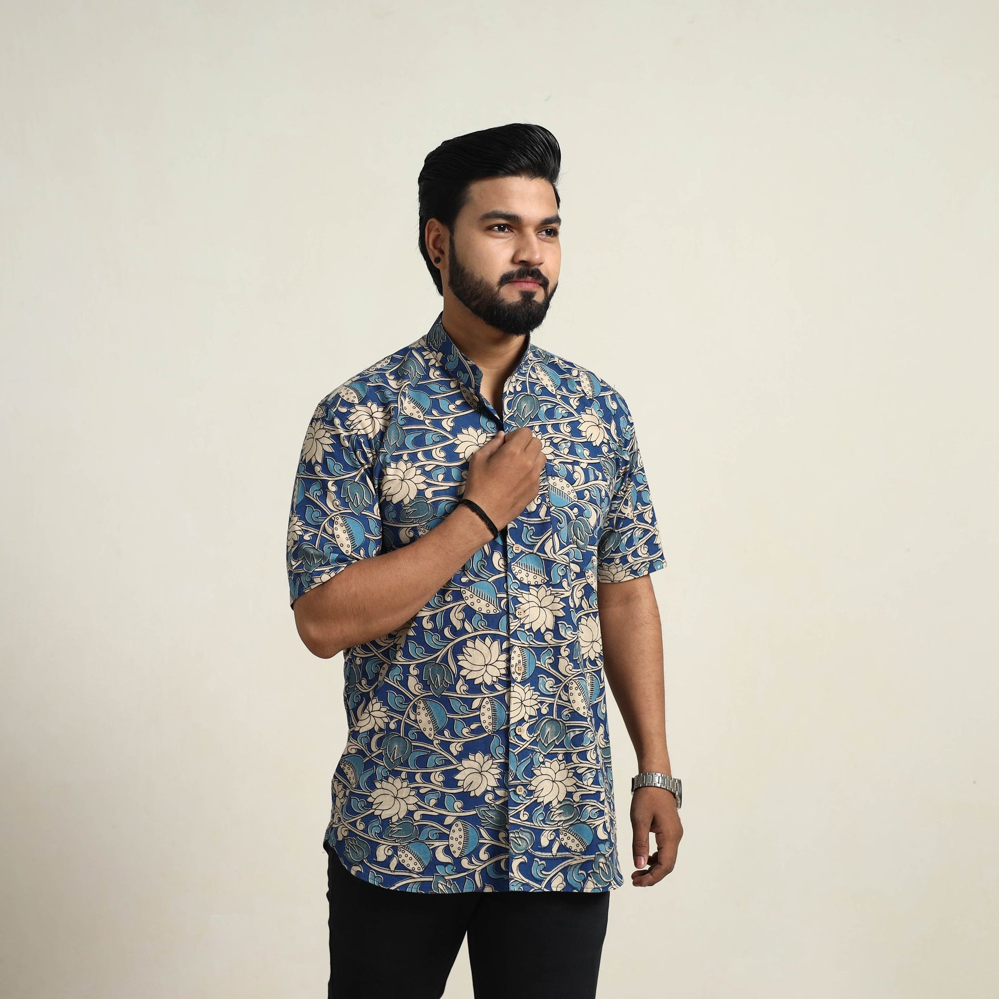 Blue - Cotton Men Kalamkari Print Shirt 05
