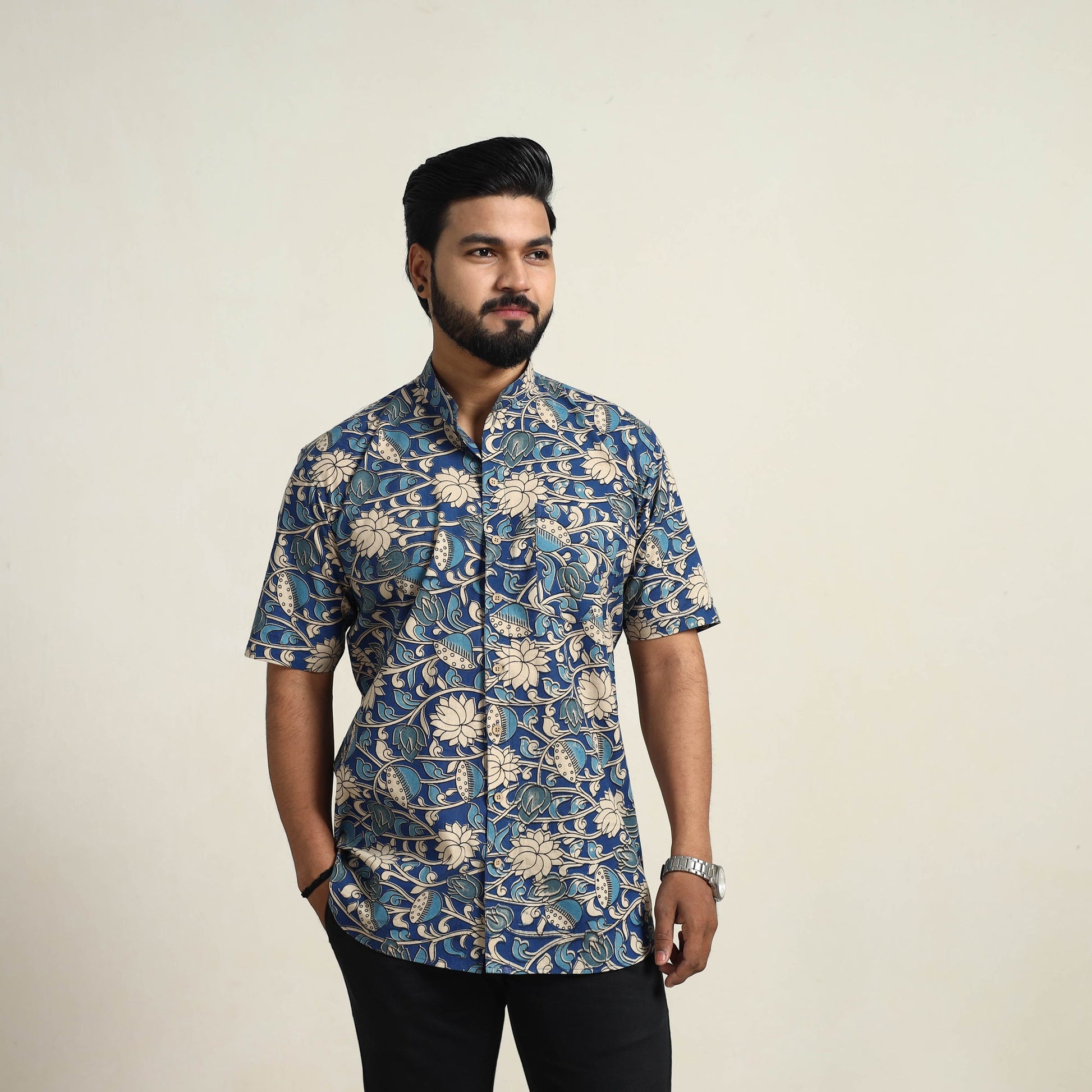 Blue - Cotton Men Kalamkari Print Shirt 05