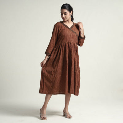 Brown - Bagh Block Printed Cotton Dress