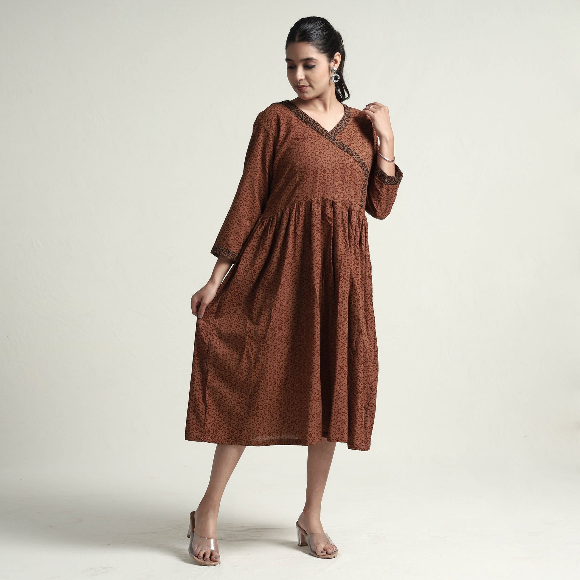 Brown - Bagh Block Printed Cotton Dress