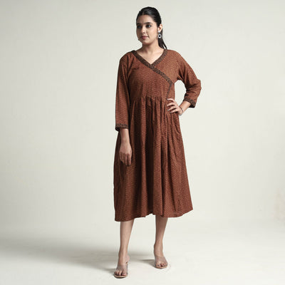 Brown - Bagh Block Printed Cotton Dress