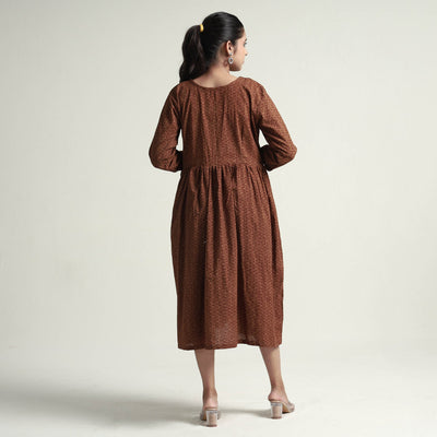 Brown - Bagh Block Printed Cotton Dress