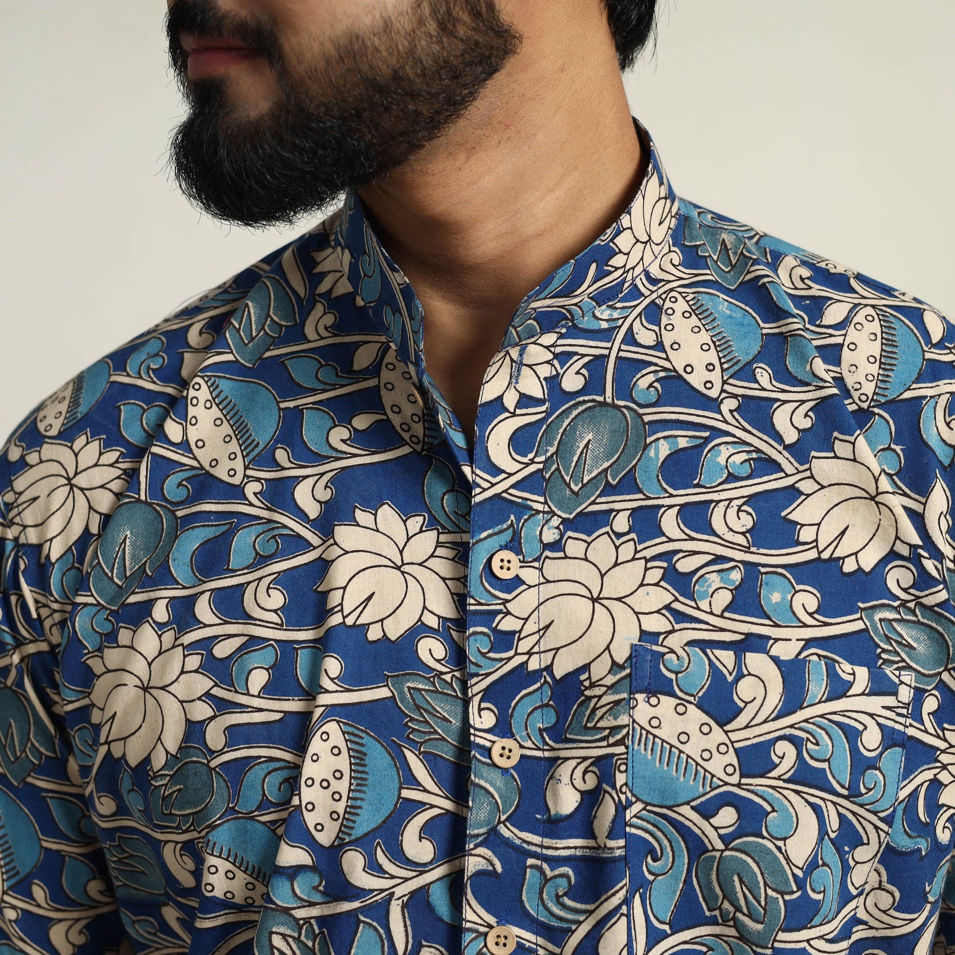 Blue - Cotton Men Kalamkari Print Shirt 05