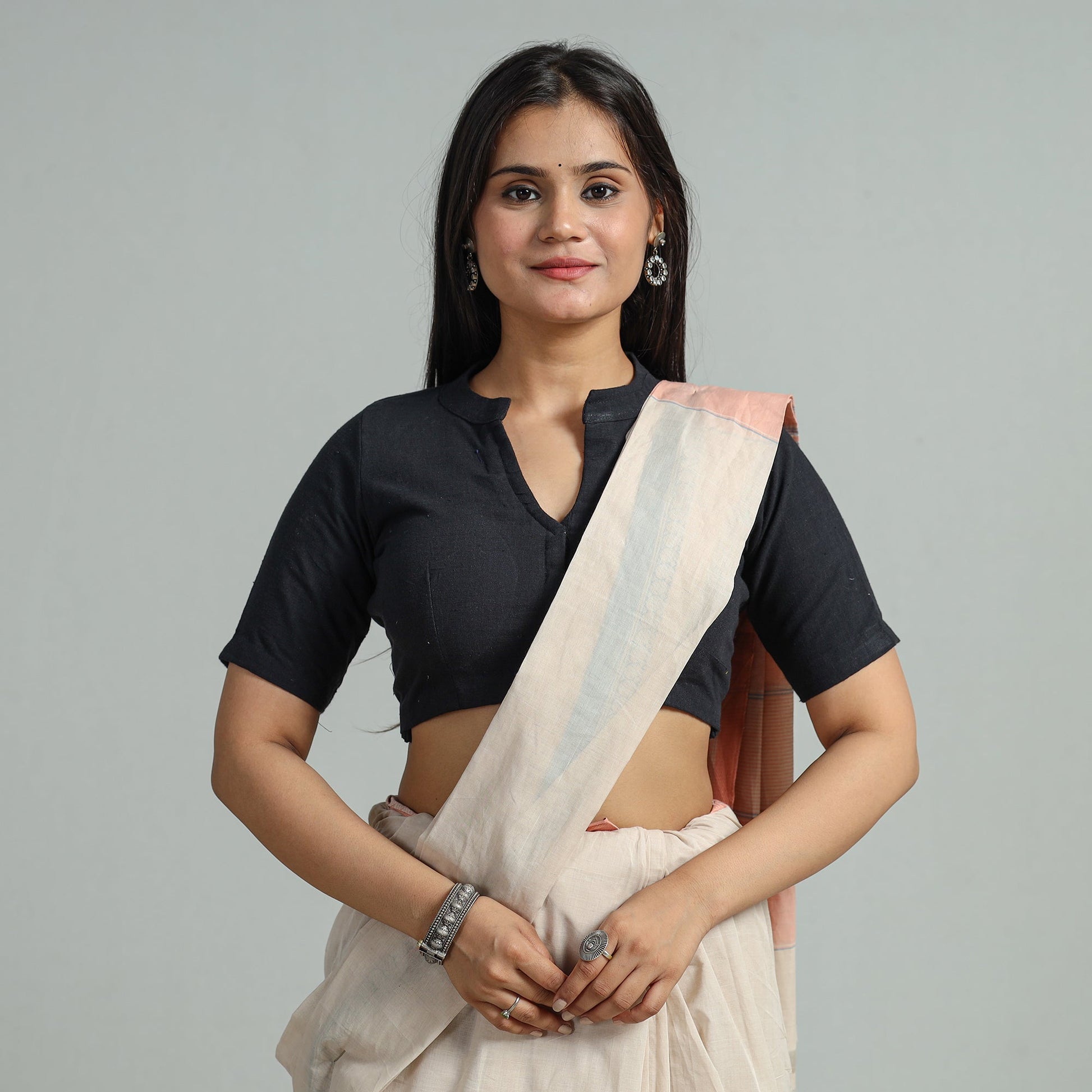 Black - Plain Cotton Stitched Blouse 34