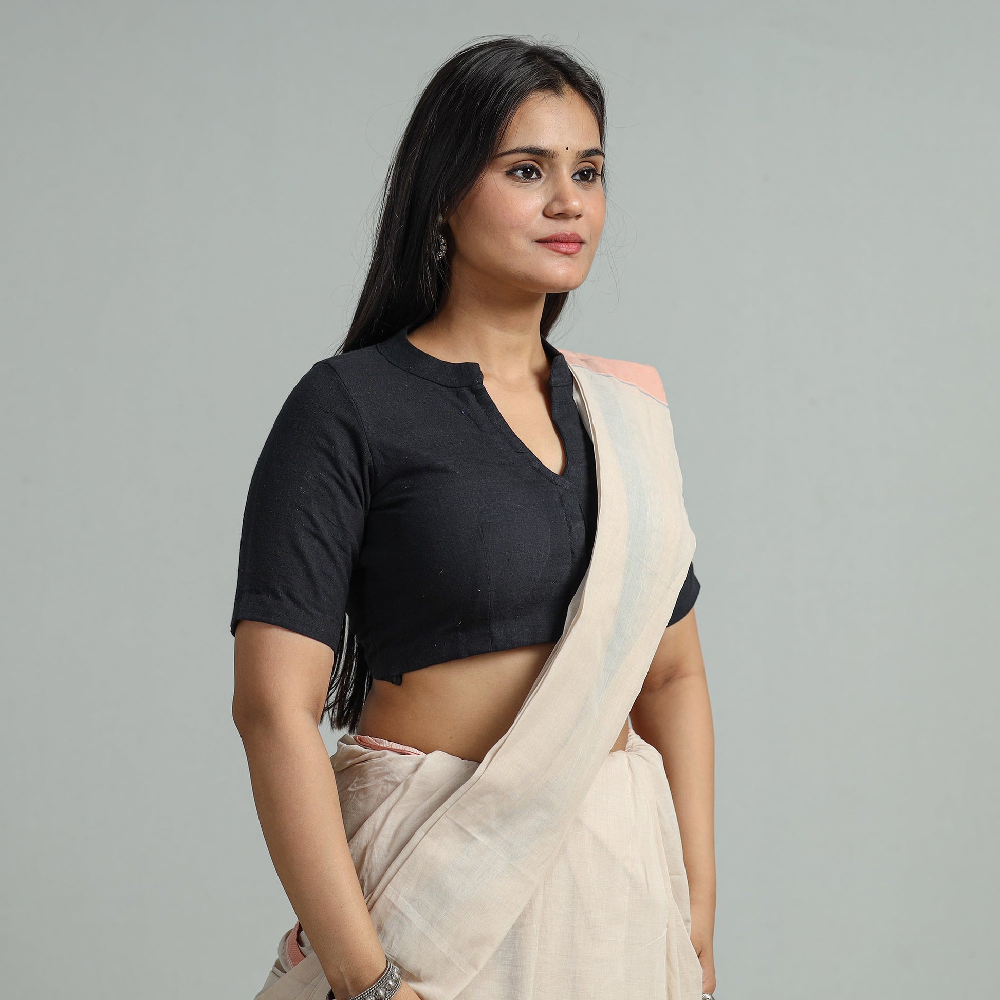 Black - Plain Cotton Stitched Blouse 34