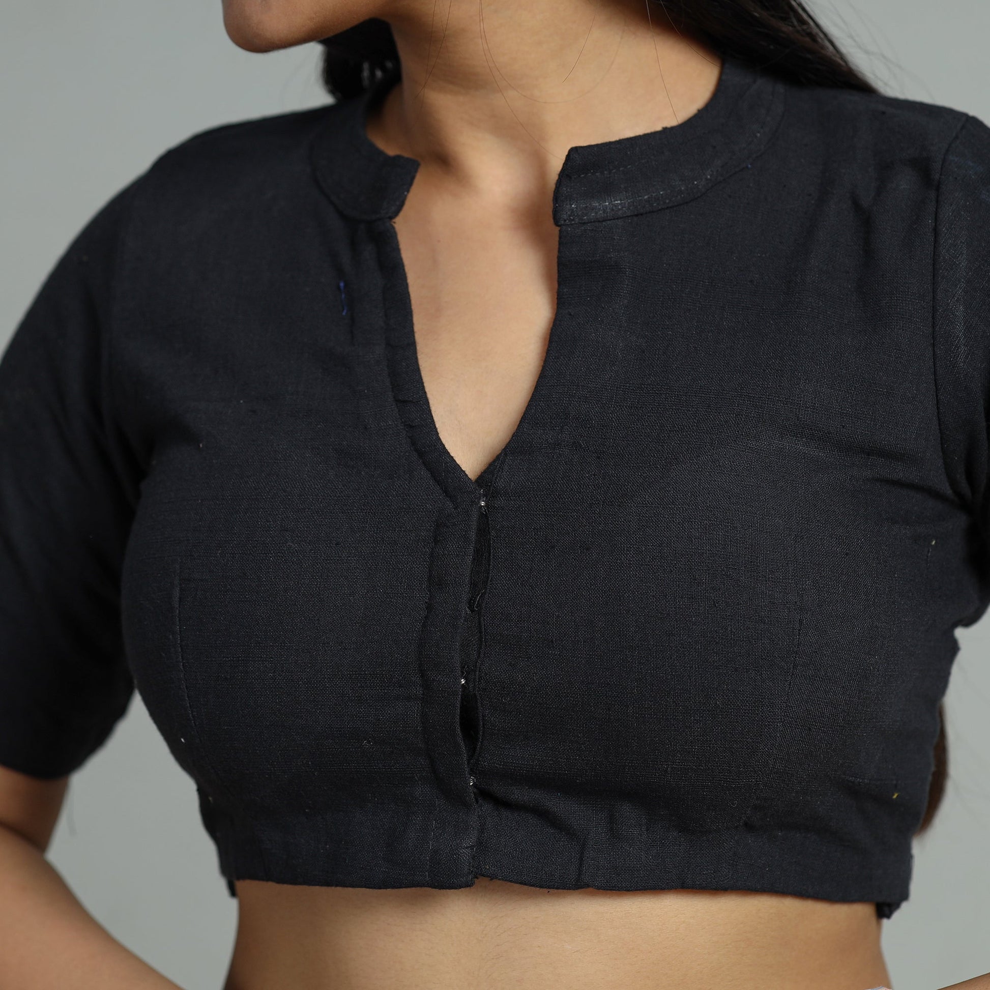 Black - Plain Cotton Stitched Blouse 34