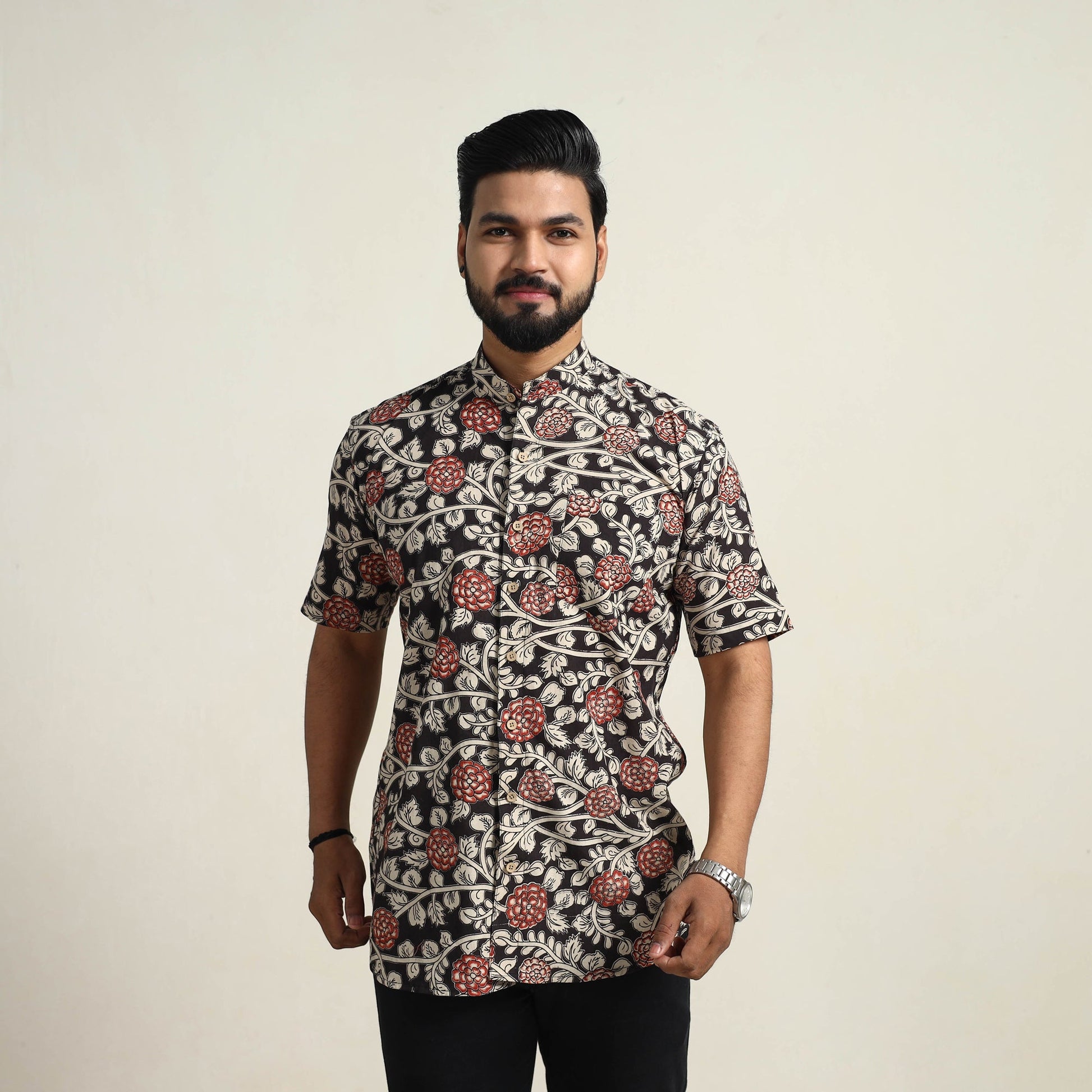 Black - Cotton Men Kalamkari Print Shirt 07