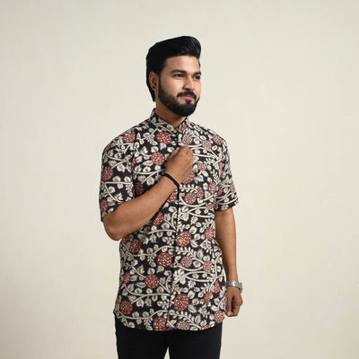 Black - Cotton Men Kalamkari Print Shirt 07