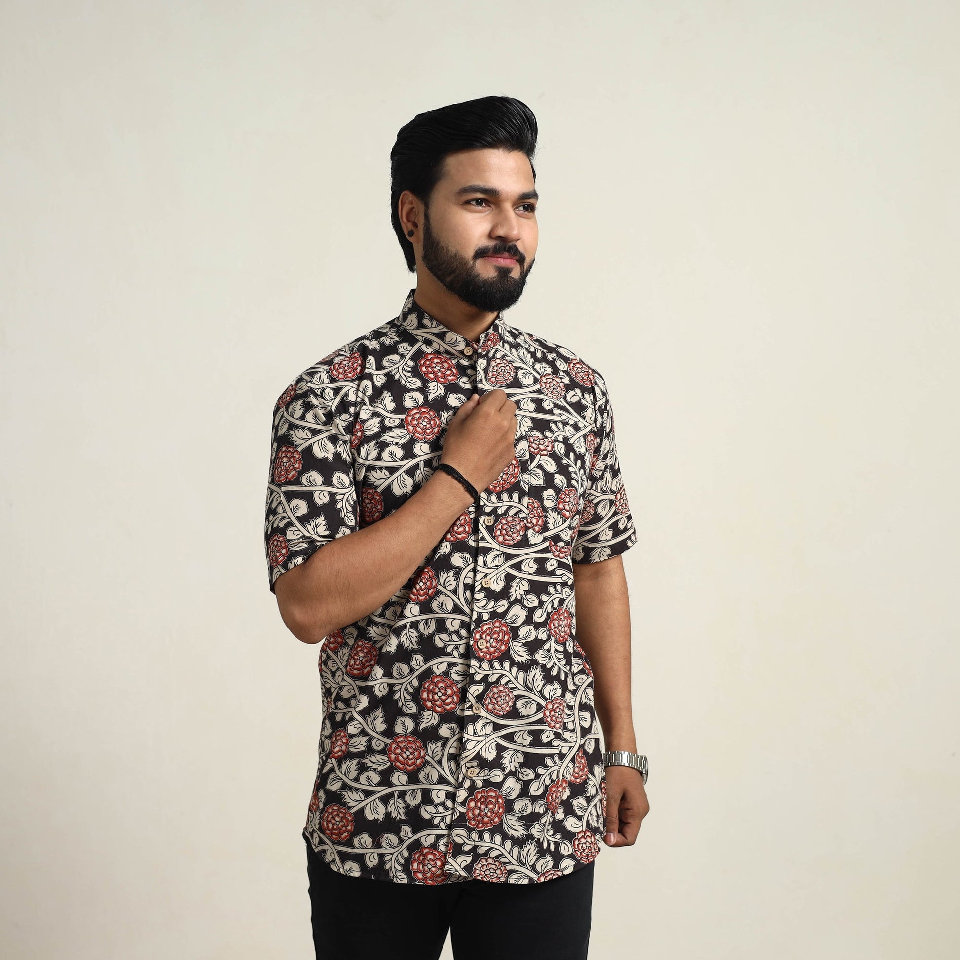 Black - Cotton Men Kalamkari Print Shirt 07