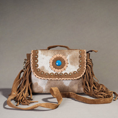 Brown - Handcrafted Fur Leather Fringe Sling Bag with Blue Stone
