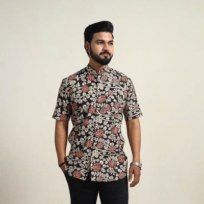Black - Cotton Men Kalamkari Print Shirt 07