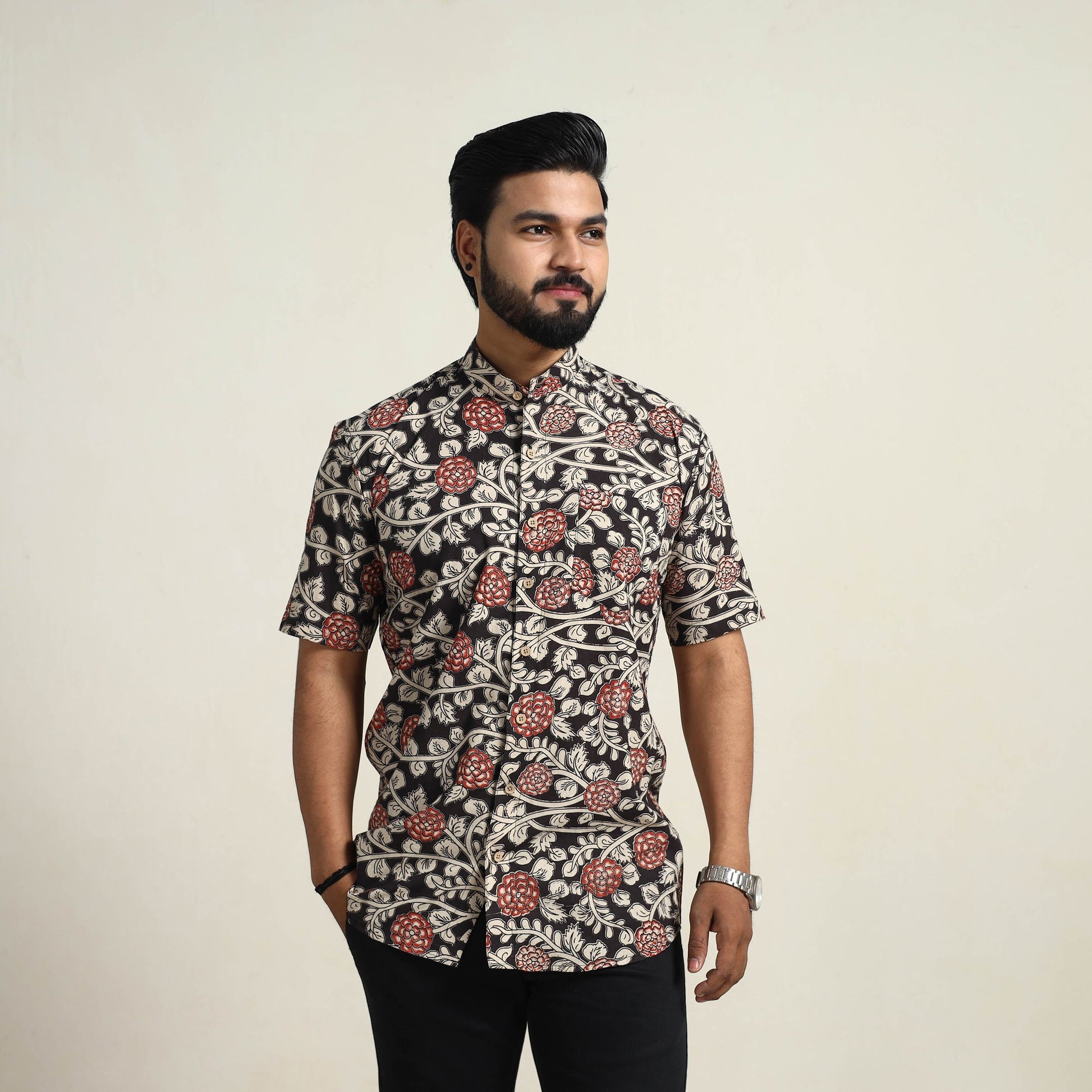 Black - Cotton Men Kalamkari Print Shirt 07