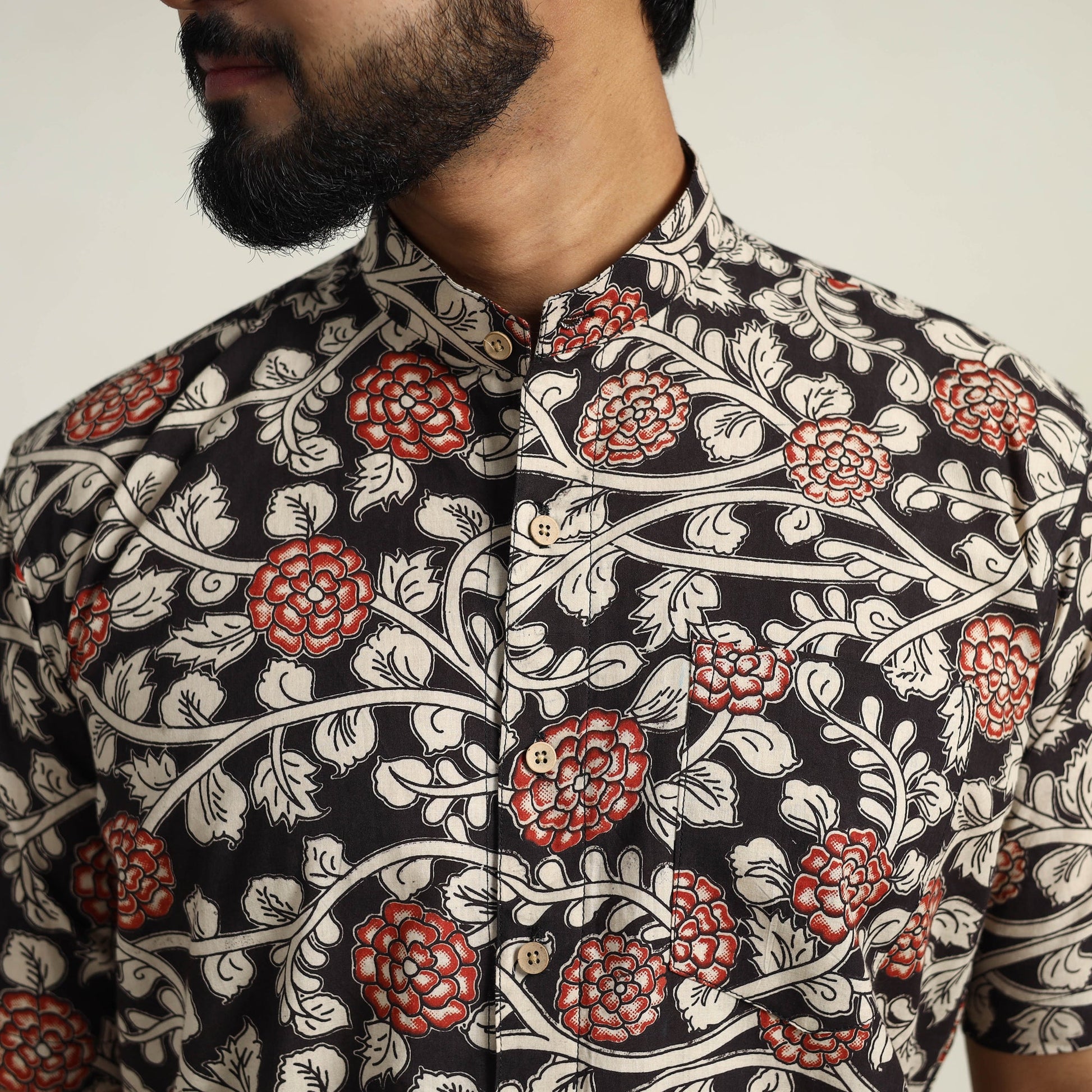 Black - Cotton Men Kalamkari Print Shirt 07