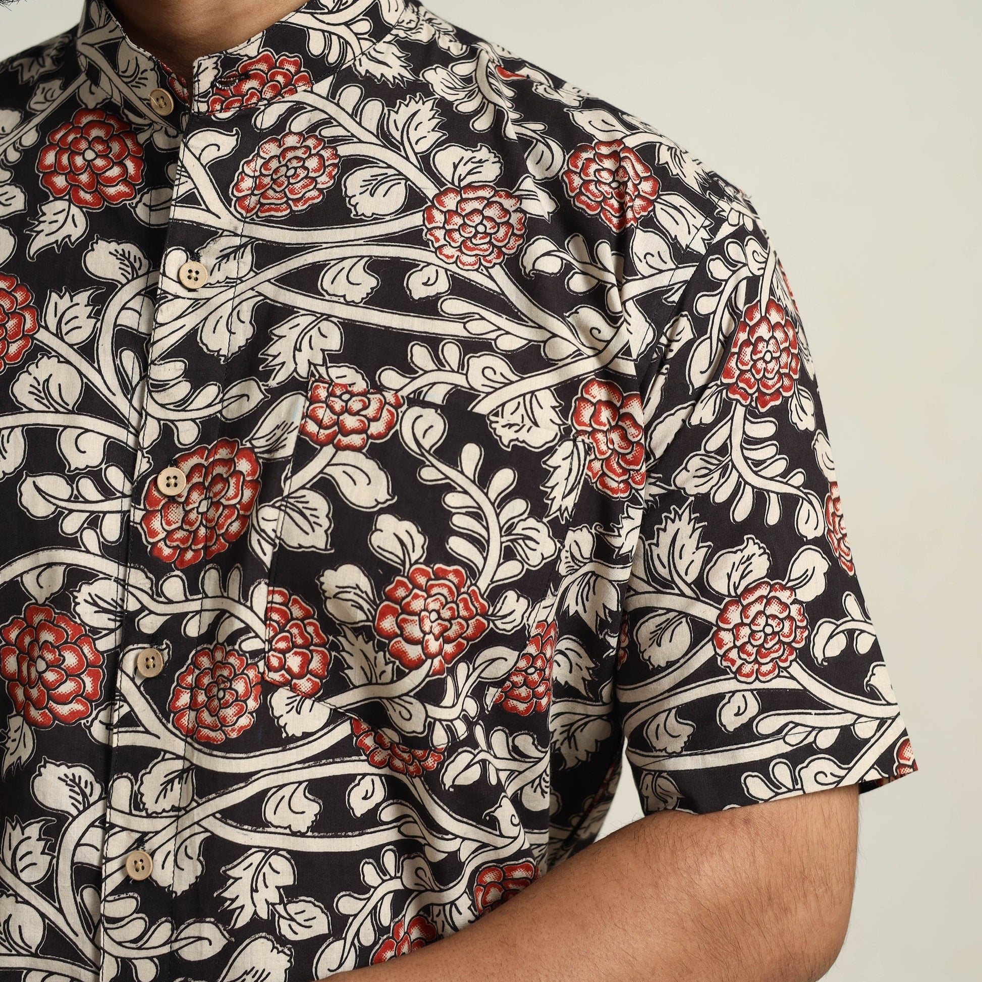 Black - Cotton Men Kalamkari Print Shirt 07