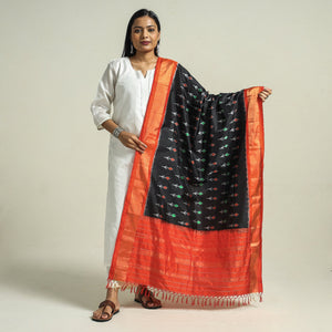 Black - Handwoven Pochampally Ikat Pure Mulberry Silk Dupatta with Zari Border