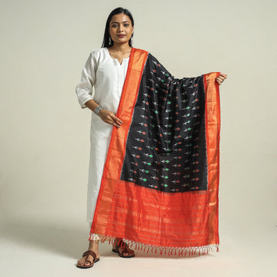 Black - Handwoven Pochampally Ikat Pure Mulberry Silk Dupatta with Zari Border