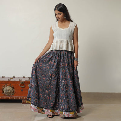Blue - Bagru Block Printed 24 Kali Patchwork Cotton Long Skirt 17
