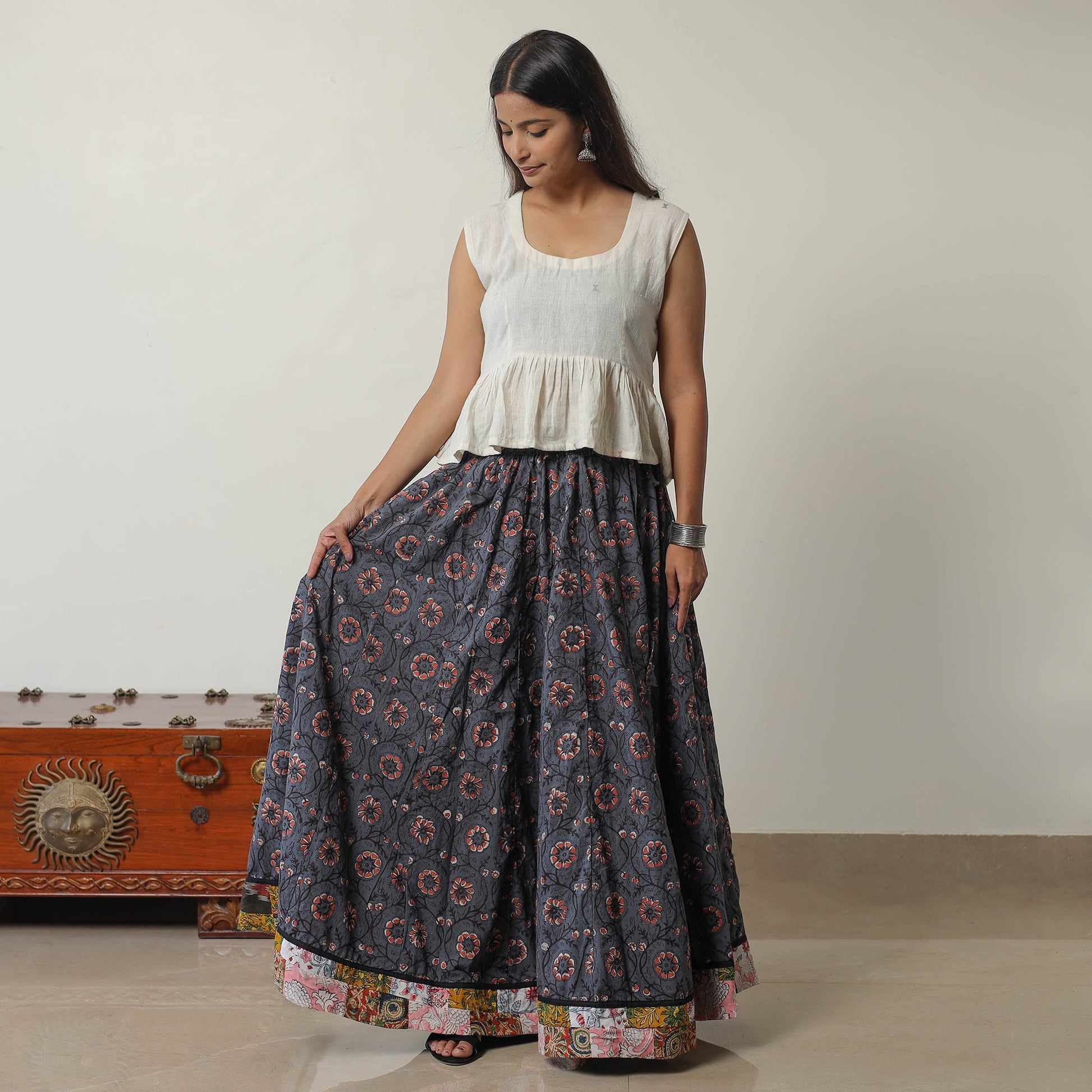 Blue - Bagru Block Printed 24 Kali Patchwork Cotton Long Skirt 17