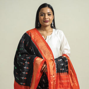 Black - Handwoven Pochampally Ikat Pure Mulberry Silk Dupatta with Zari Border