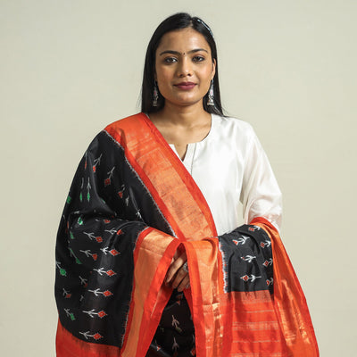 Black - Handwoven Pochampally Ikat Pure Mulberry Silk Dupatta with Zari Border