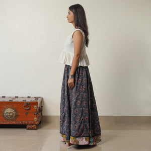 Blue - Bagru Block Printed 24 Kali Patchwork Cotton Long Skirt 17