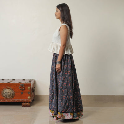 Blue - Bagru Block Printed 24 Kali Patchwork Cotton Long Skirt 17