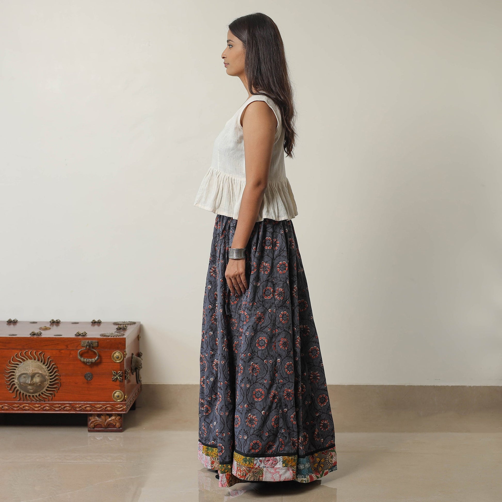Blue - Bagru Block Printed 24 Kali Patchwork Cotton Long Skirt 17