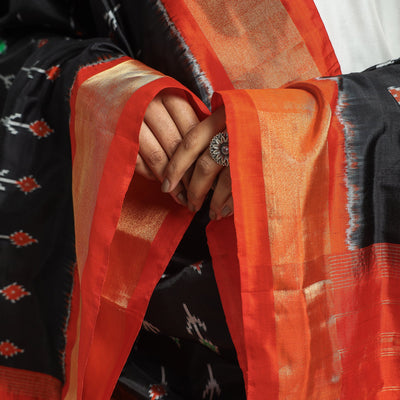 Black - Handwoven Pochampally Ikat Pure Mulberry Silk Dupatta with Zari Border
