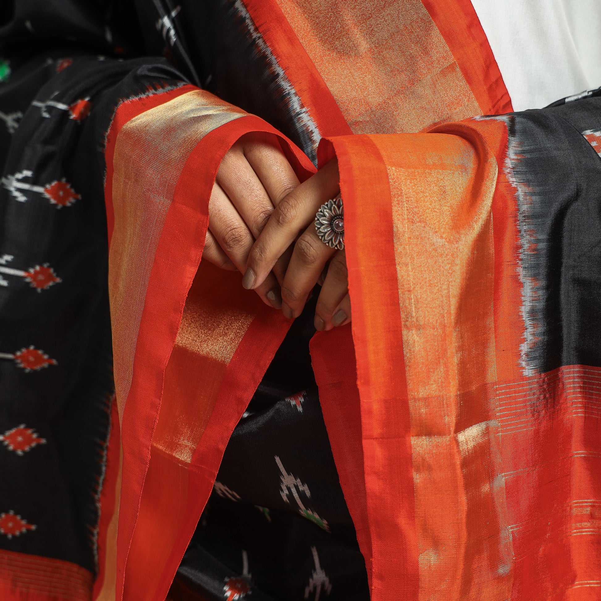 Black - Handwoven Pochampally Ikat Pure Mulberry Silk Dupatta with Zari Border