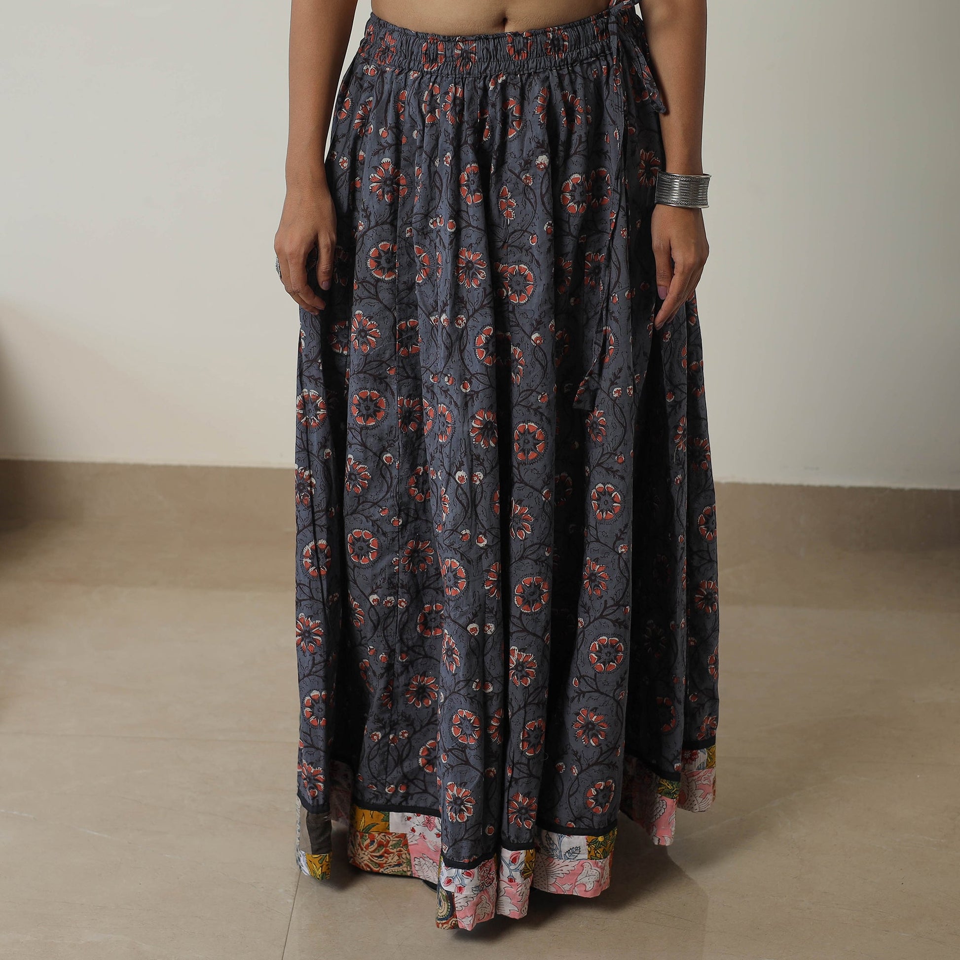 Blue - Bagru Block Printed 24 Kali Patchwork Cotton Long Skirt 17