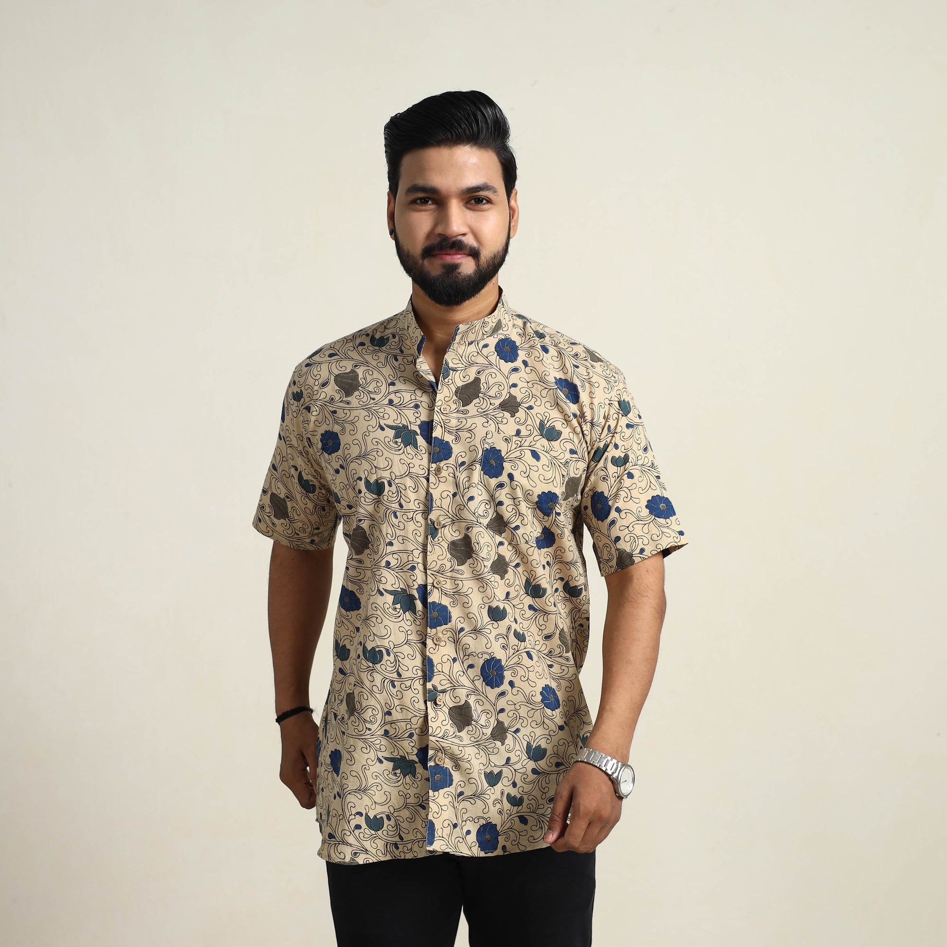Beige - Cotton Men Kalamkari Print Shirt 08