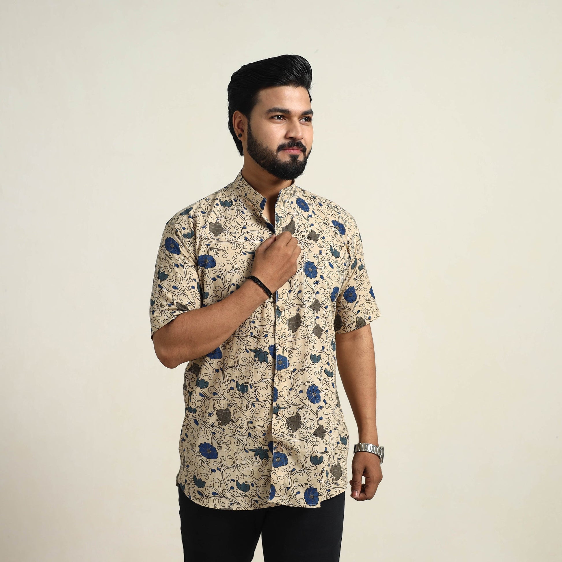 Beige - Cotton Men Kalamkari Print Shirt 08