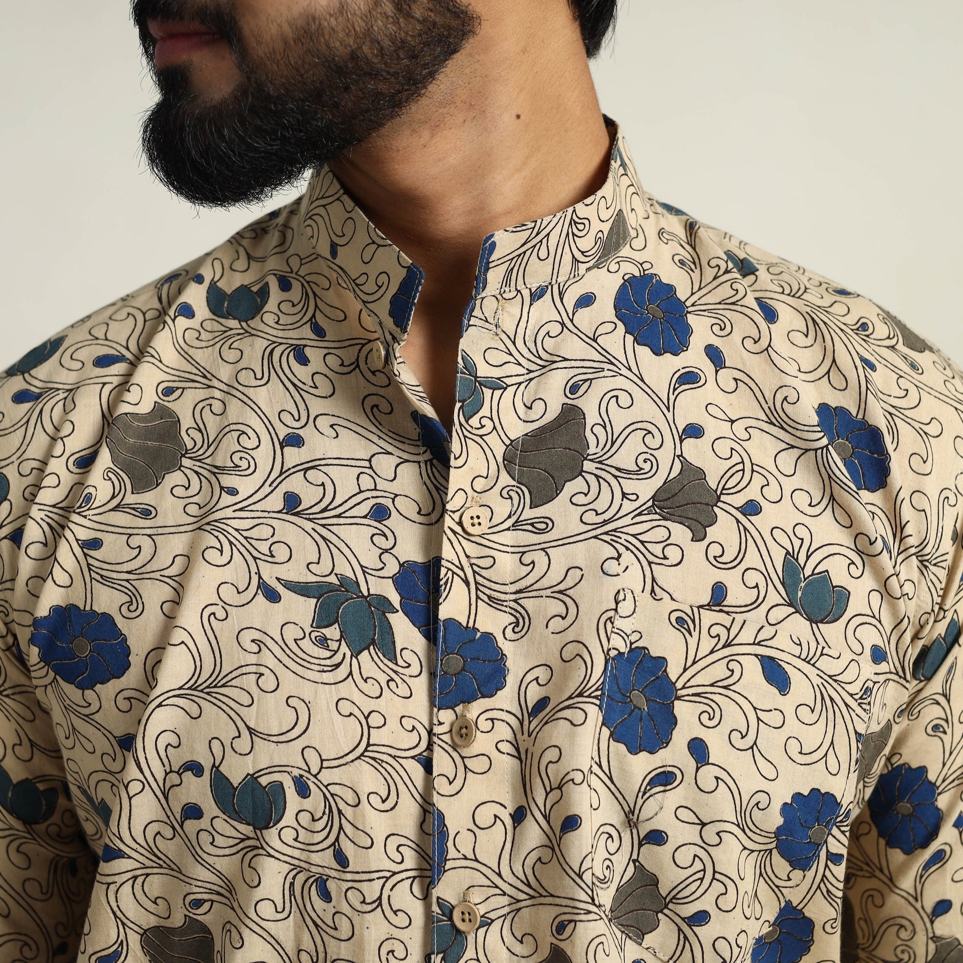 Beige - Cotton Men Kalamkari Print Shirt 08