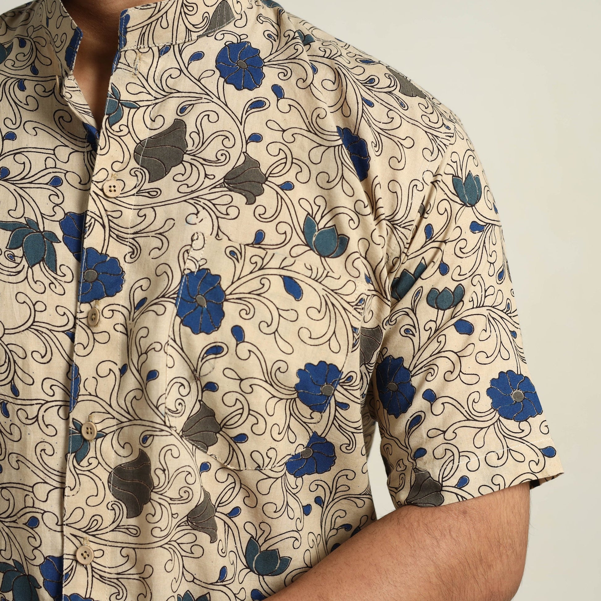 Beige - Cotton Men Kalamkari Print Shirt 08