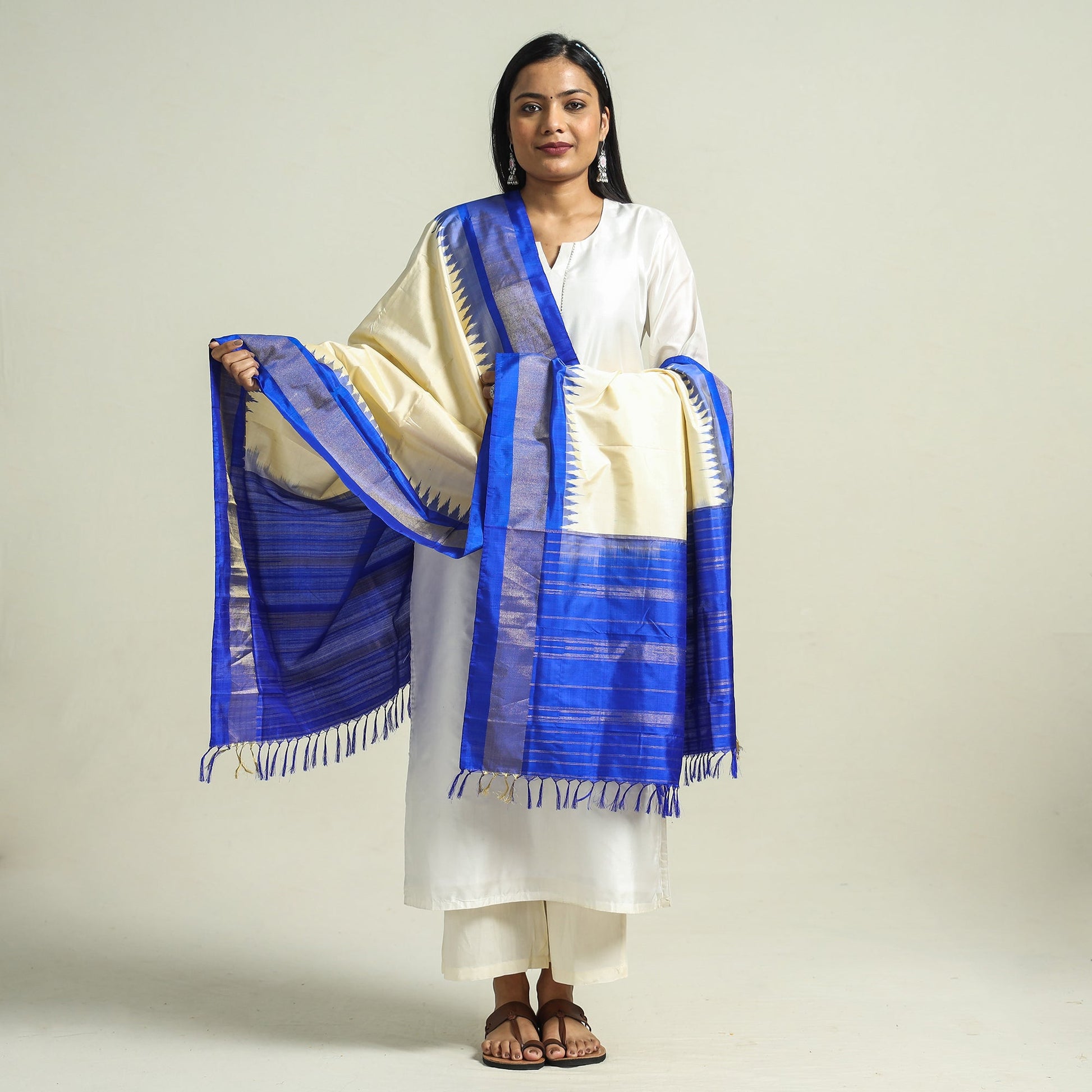 Beige - Handwoven Pochampally Ikat Pure Mulberry Silk Dupatta with Zari Border