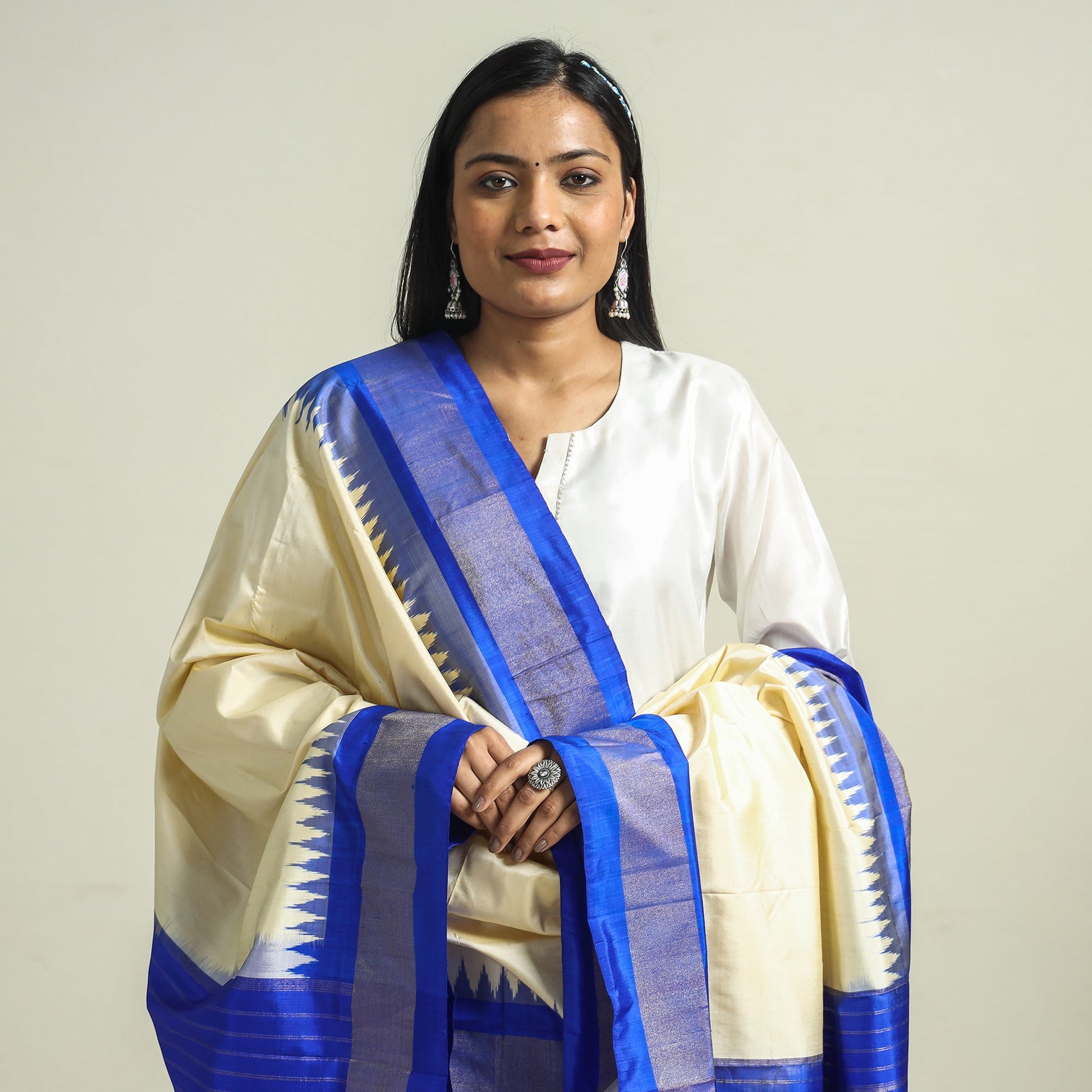 Beige - Handwoven Pochampally Ikat Pure Mulberry Silk Dupatta with Zari Border
