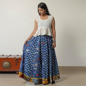 Blue - Bagru Block Printed 24 Kali Patchwork Cotton Long Skirt 19
