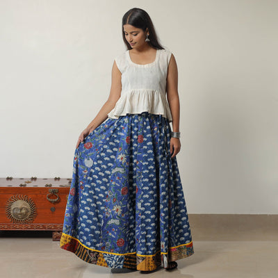 Blue - Bagru Block Printed 24 Kali Patchwork Cotton Long Skirt 19