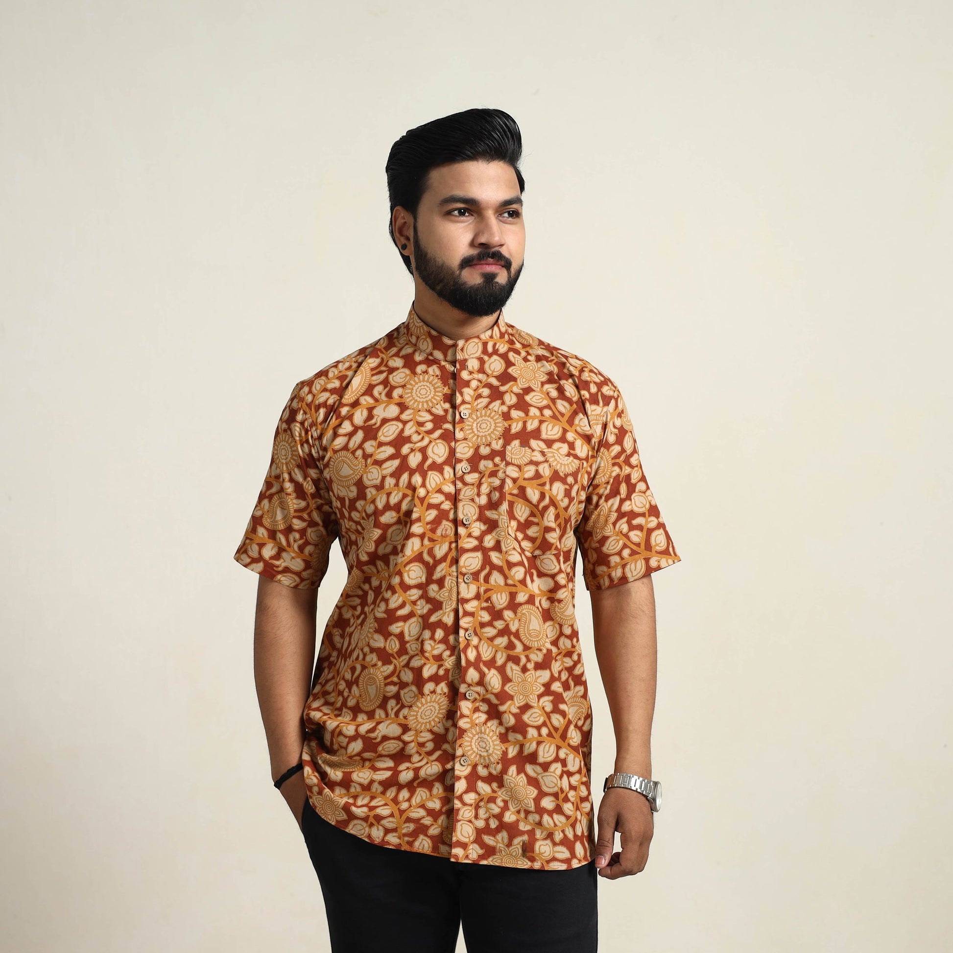 Brown - Cotton Men Kalamkari Print Shirt 10
