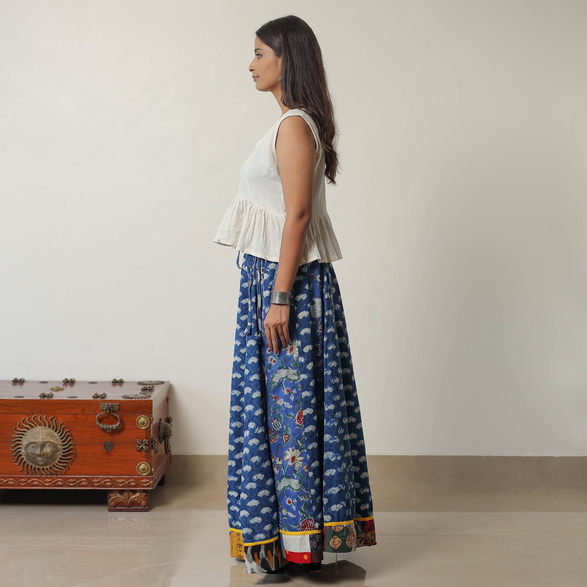 Blue - Bagru Block Printed 24 Kali Patchwork Cotton Long Skirt 19