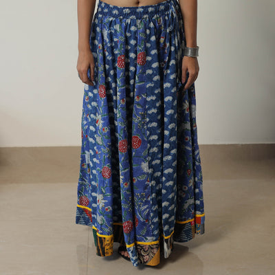 Blue - Bagru Block Printed 24 Kali Patchwork Cotton Long Skirt 19