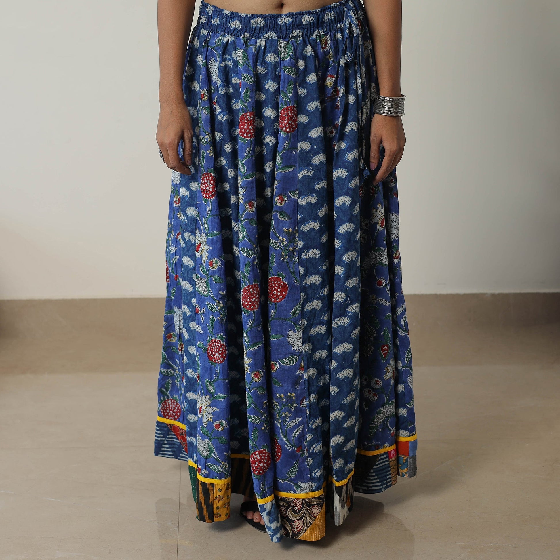 Blue - Bagru Block Printed 24 Kali Patchwork Cotton Long Skirt 19