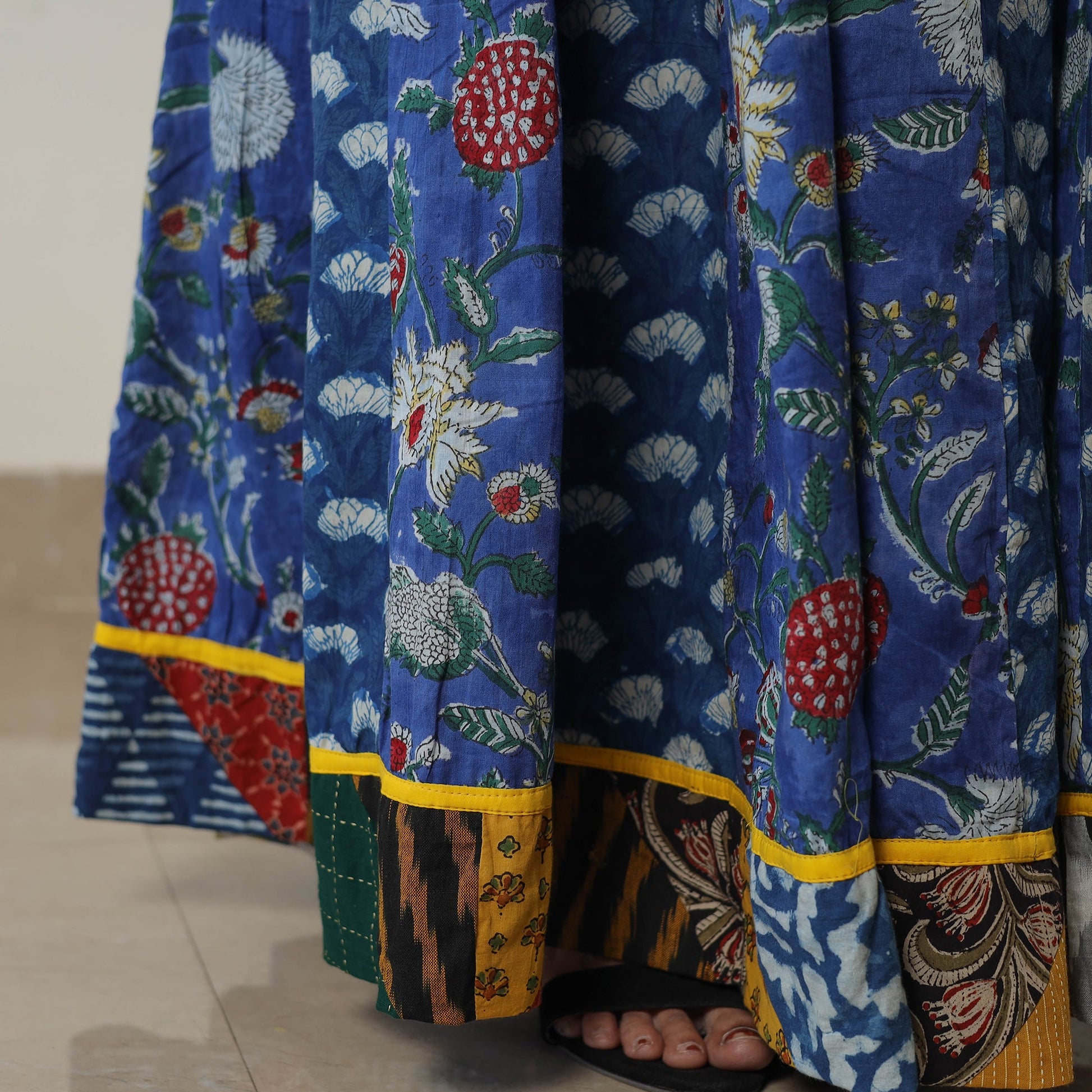 Blue - Bagru Block Printed 24 Kali Patchwork Cotton Long Skirt 19