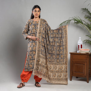 Black - Kalamkari Block Printing Cotton Kurta with Salwar & Dupatta Set