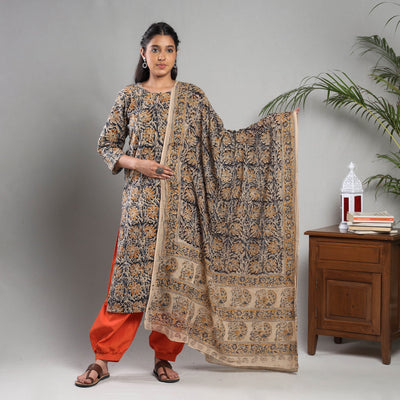 Black - Kalamkari Block Printing Cotton Kurta with Salwar & Dupatta Set