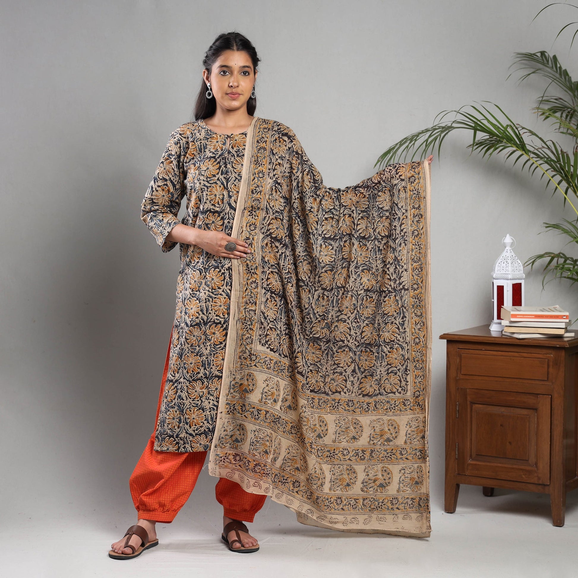 Black - Kalamkari Block Printing Cotton Kurta with Salwar & Dupatta Set