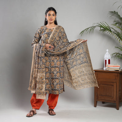 Black - Kalamkari Block Printing Cotton Kurta with Salwar & Dupatta Set