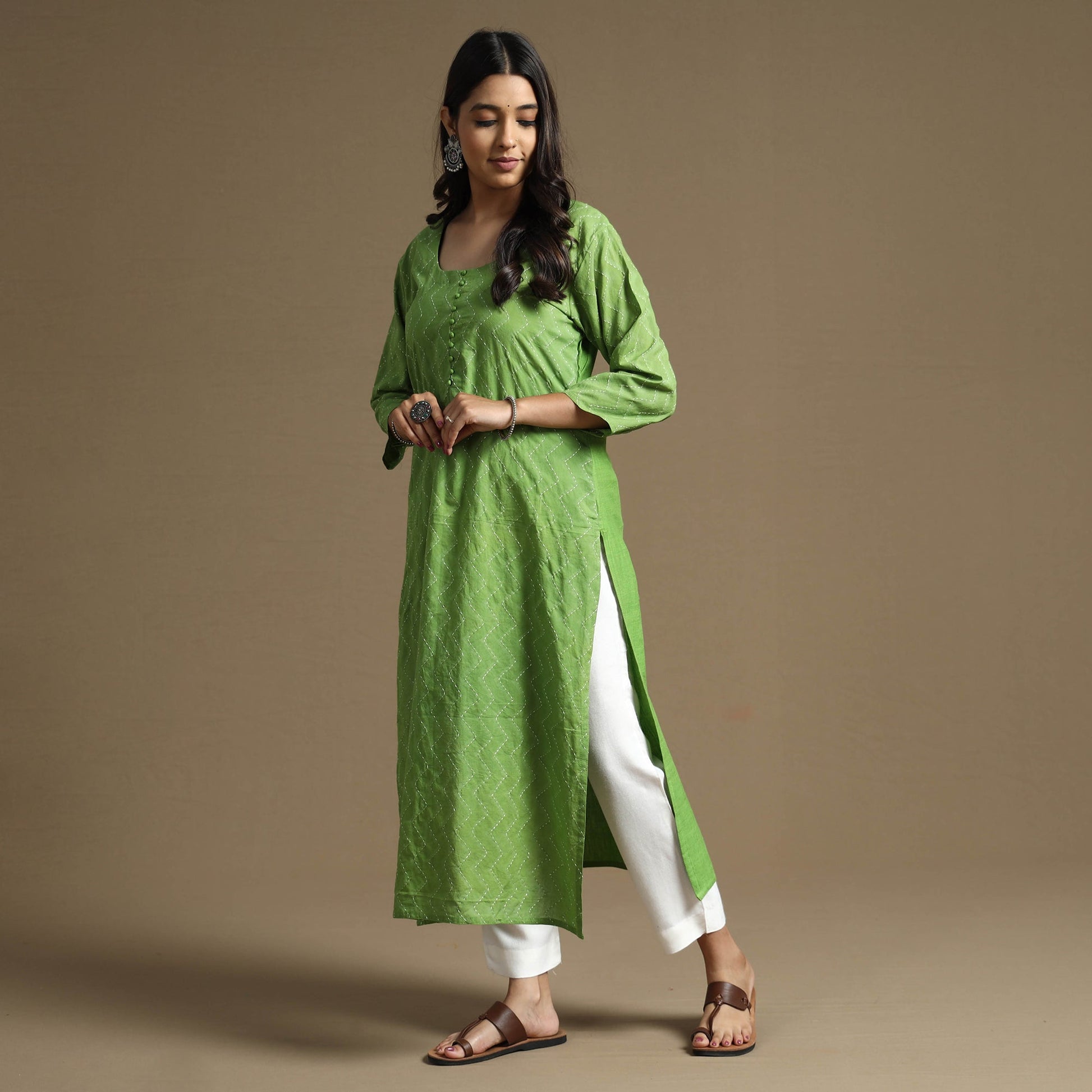 Apple Green - Plain Cotton Tagai Work Long Straight Kurta