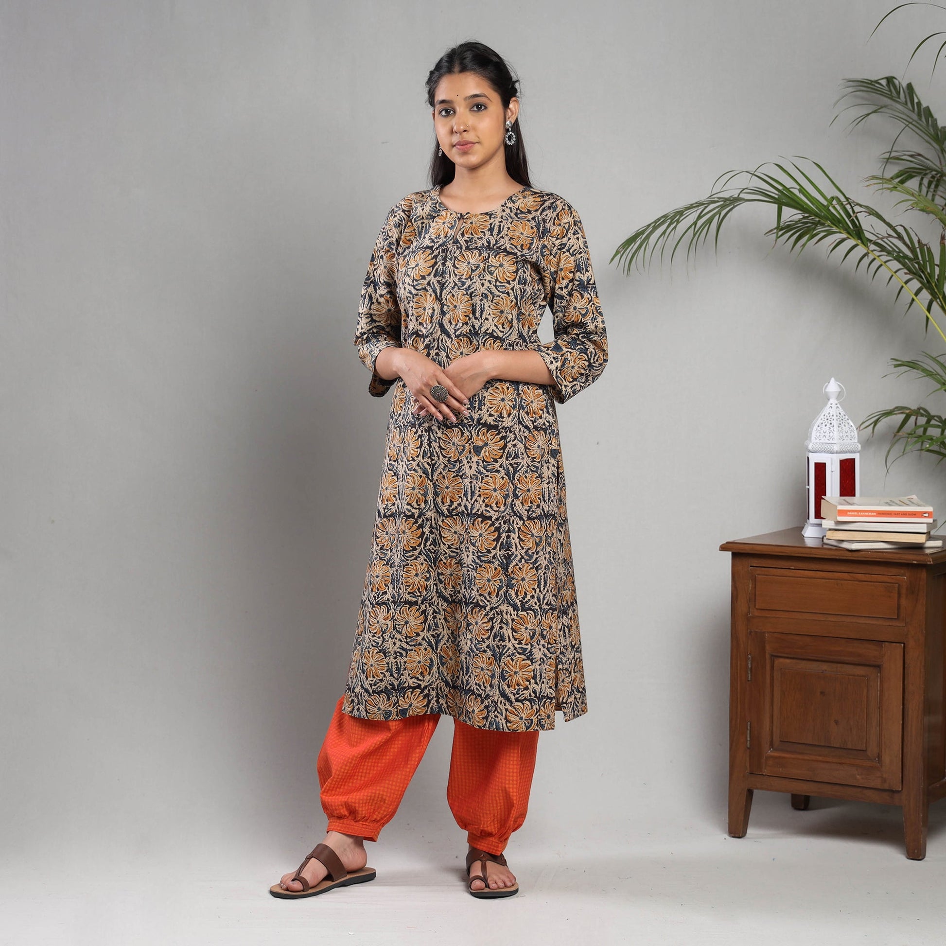 Black - Kalamkari Block Printing Cotton Kurta with Salwar & Dupatta Set